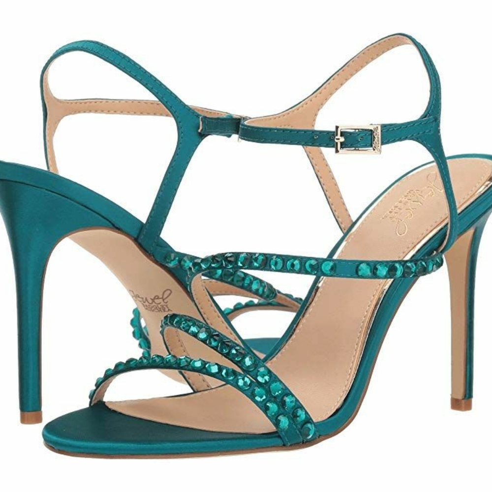 Badgley Mischka Teal Satin Crystal Strappy High Heel Sandals